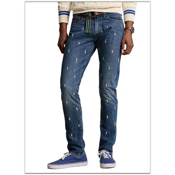 Polo Ralph Lauren Sullivan Slim Jeans Mens 36x30 Blue All Over Embroidered Pony - Picture 1 of 14
